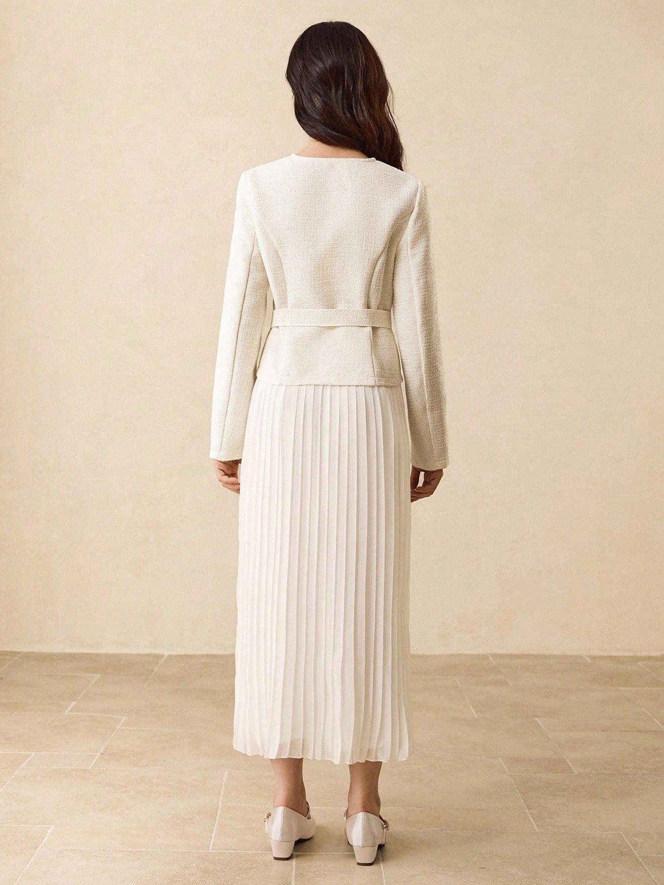Round Neck Raglan Sleeve Fitted Short Jacket With Matching Belt, Faux Pearl Button Decor + High Waist Pleated Maxi Skirt
