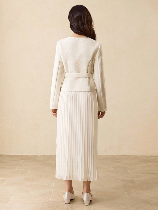 Round Neck Raglan Sleeve Fitted Short Jacket With Matching Belt, Faux Pearl Button Decor + High Waist Pleated Maxi Skirt