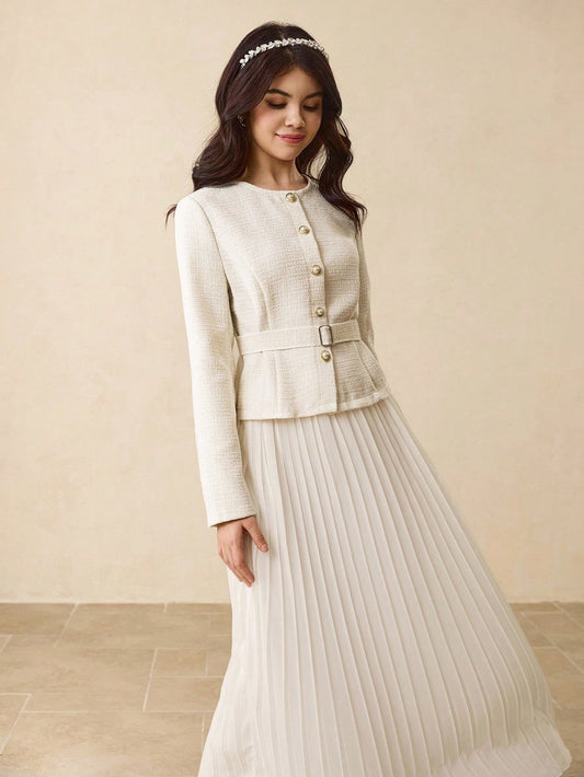 Round Neck Raglan Sleeve Fitted Short Jacket With Matching Belt, Faux Pearl Button Decor + High Waist Pleated Maxi Skirt White