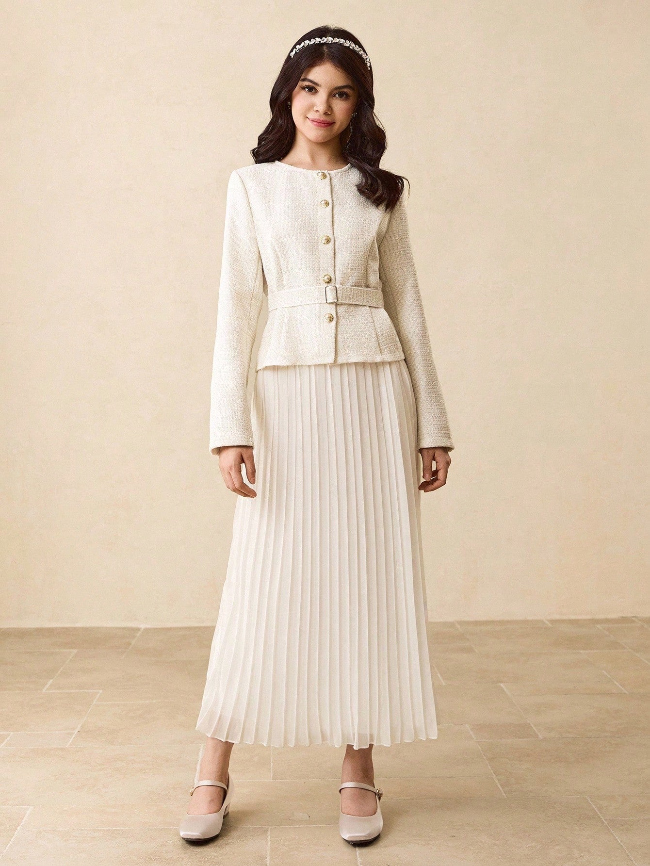 Round Neck Raglan Sleeve Fitted Short Jacket With Matching Belt, Faux Pearl Button Decor + High Waist Pleated Maxi Skirt