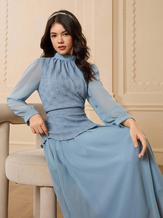 Teen Girl Elegant Party Lantern Sleeve Blouse And Skirt Set Blue
