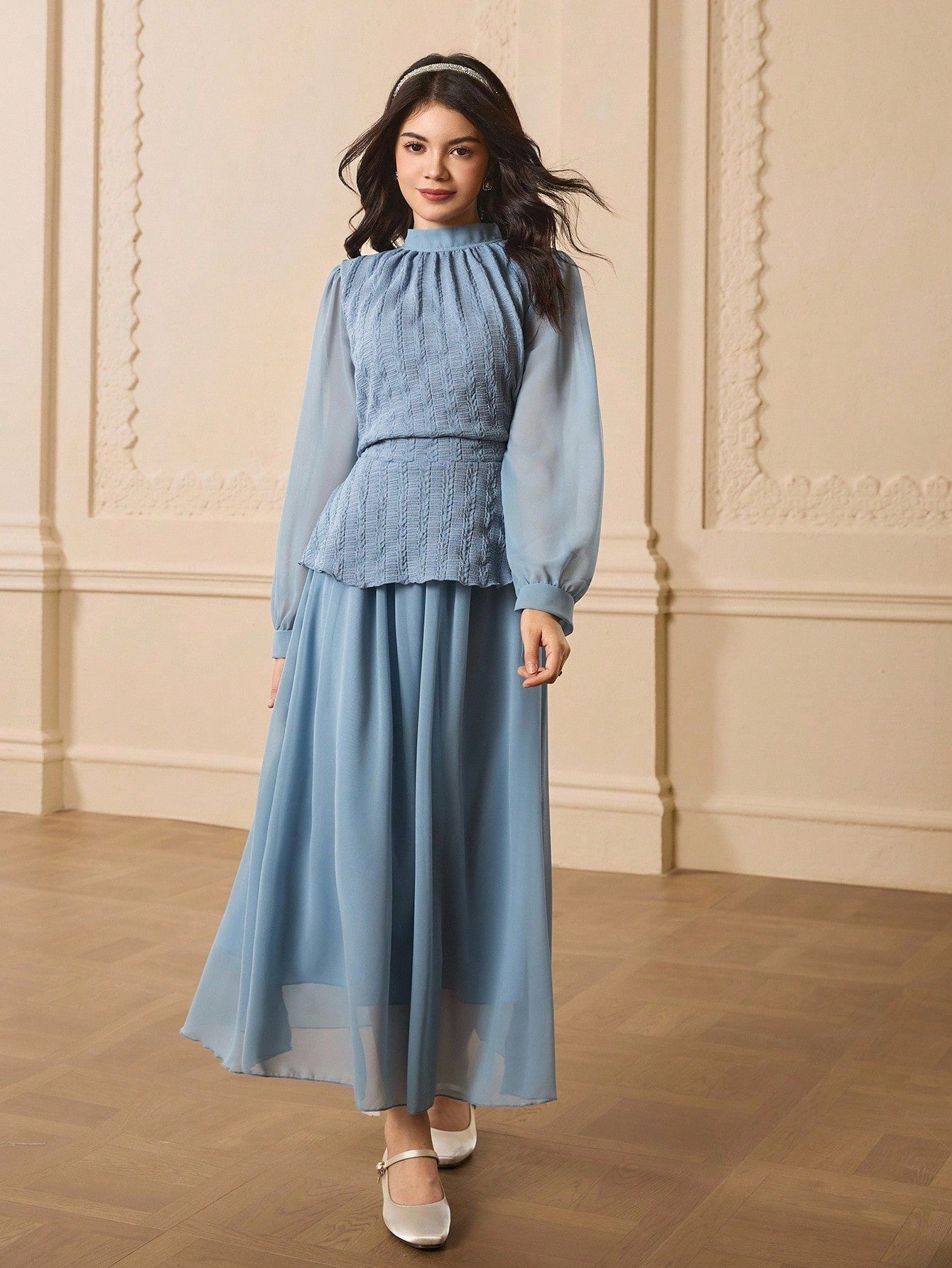 Teen Girl Elegant Party Lantern Sleeve Blouse And Skirt Set