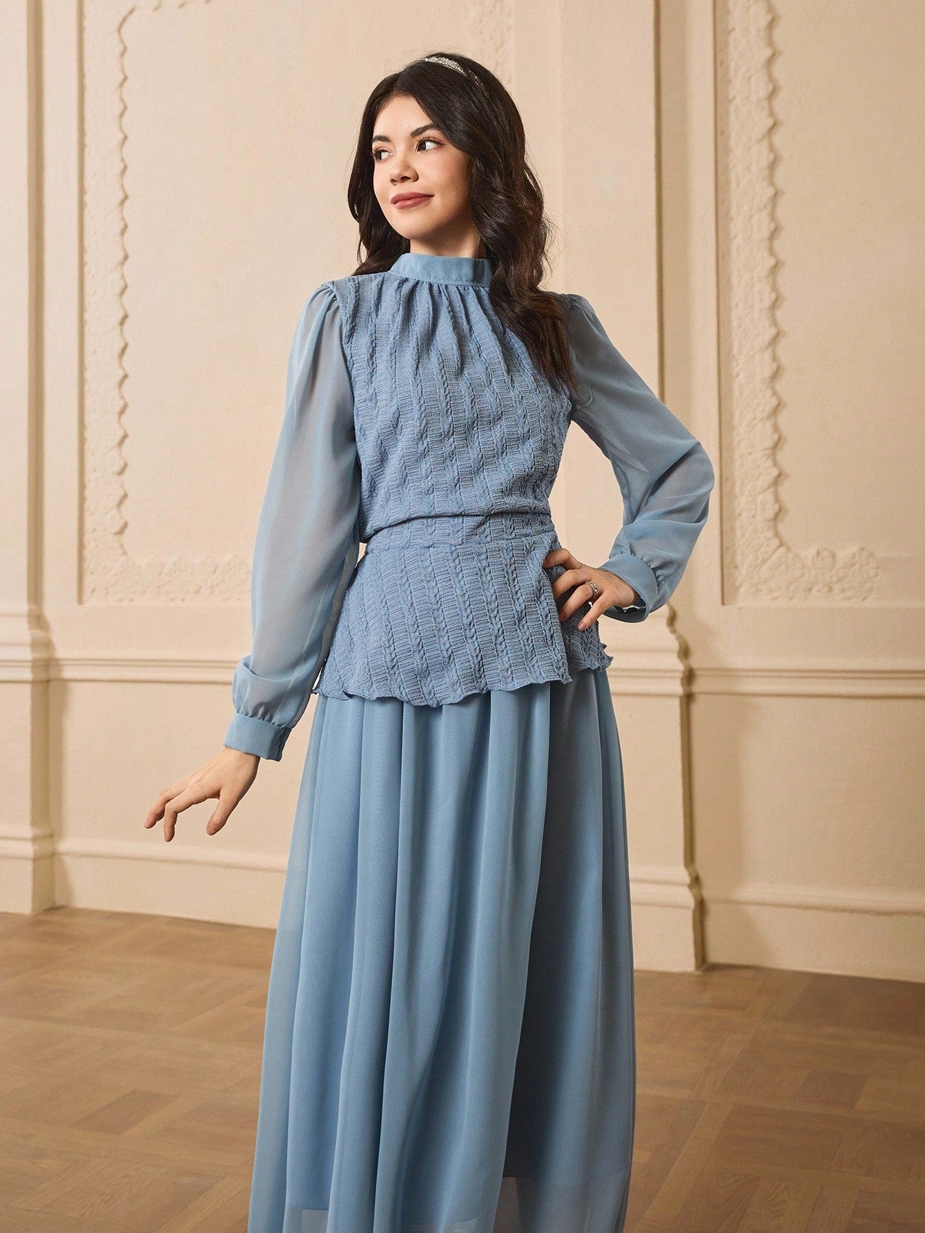 Teen Girl Elegant Party Lantern Sleeve Blouse And Skirt Set