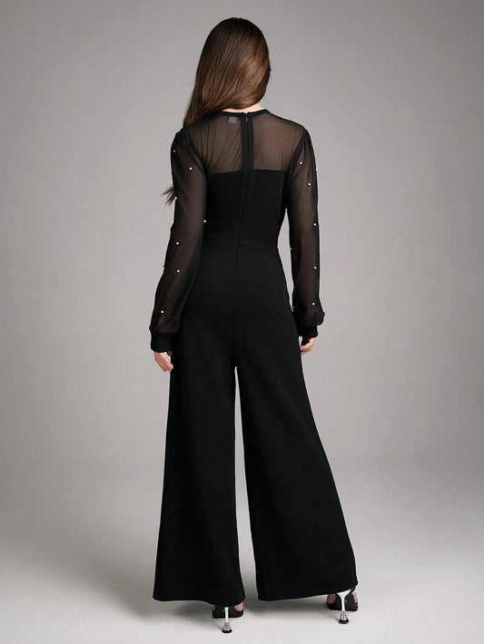 Teen Girl Elegant Party Prom Faux Pearl & Mesh Contrast Jumpsuit