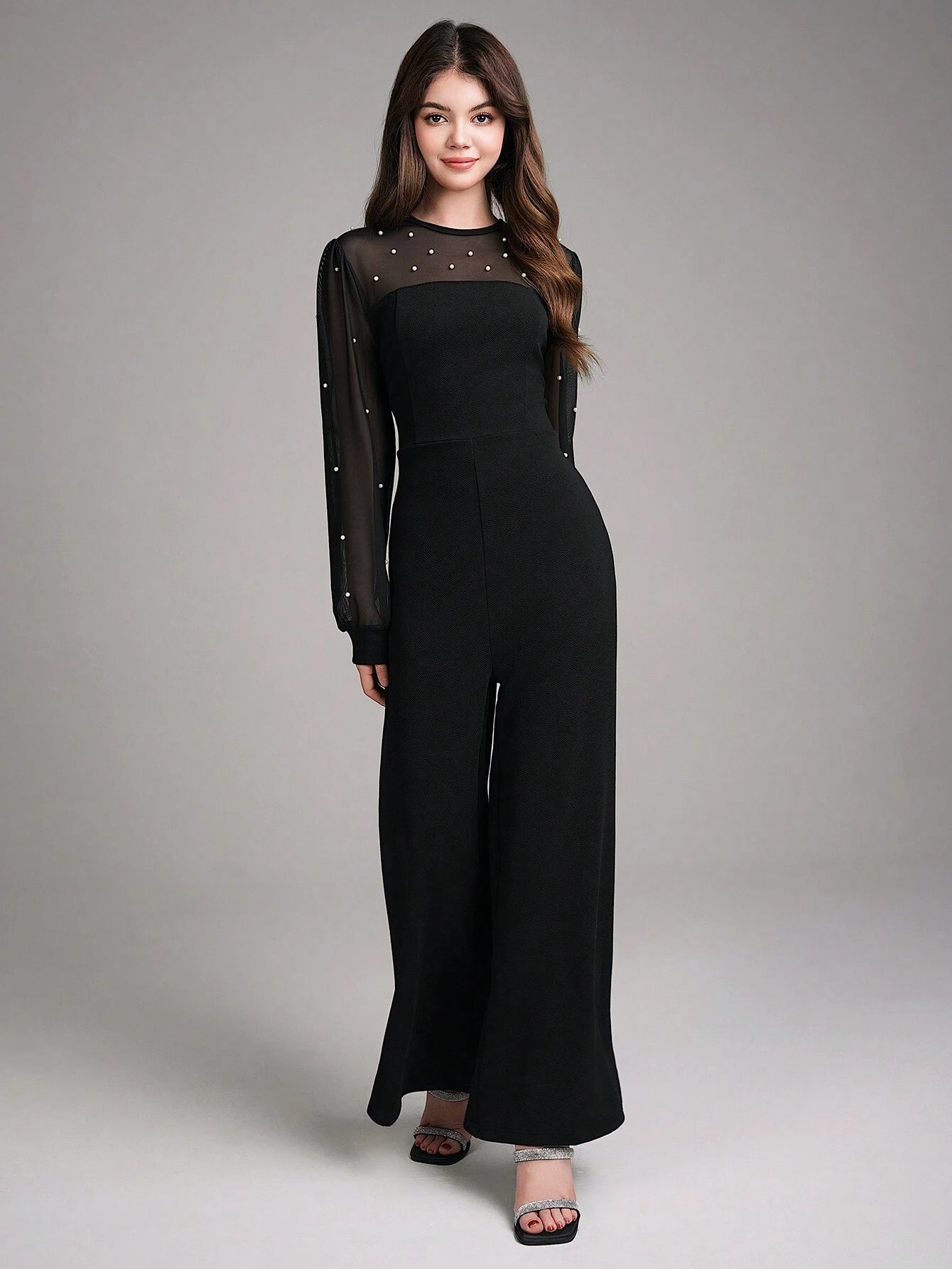 Teen Girl Elegant Party Prom Faux Pearl & Mesh Contrast Jumpsuit