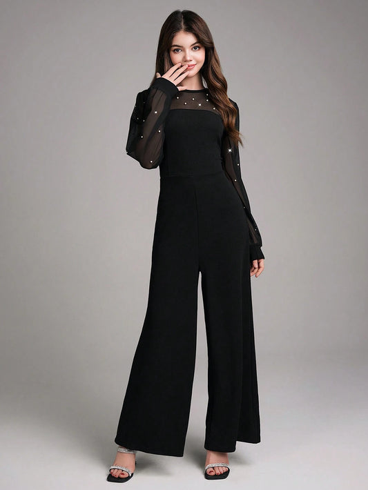 Teen Girl Elegant Party Prom Faux Pearl & Mesh Contrast Jumpsuit 13Y
