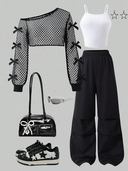 2pcs/Set Bow Decor Hollow Long Sleeve Cropped Top, Leg Pants