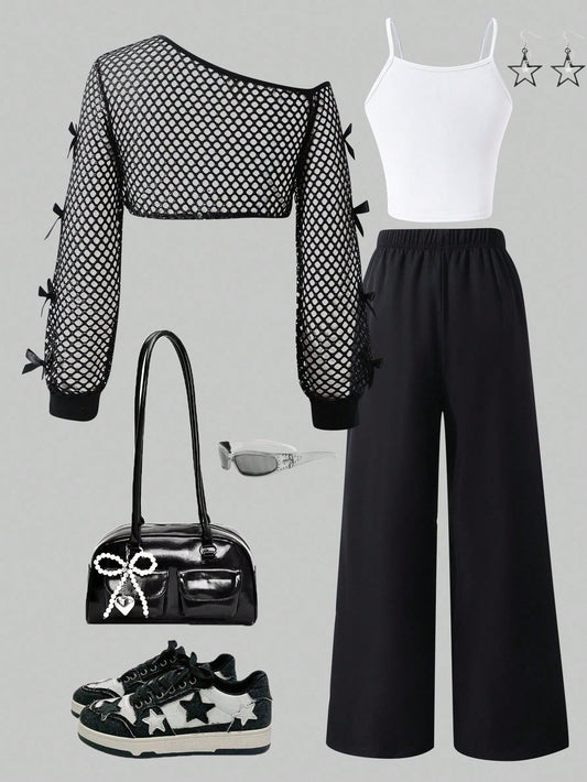 2pcs/Set Bow Decor Hollow Long Sleeve Cropped Top, Leg Pants