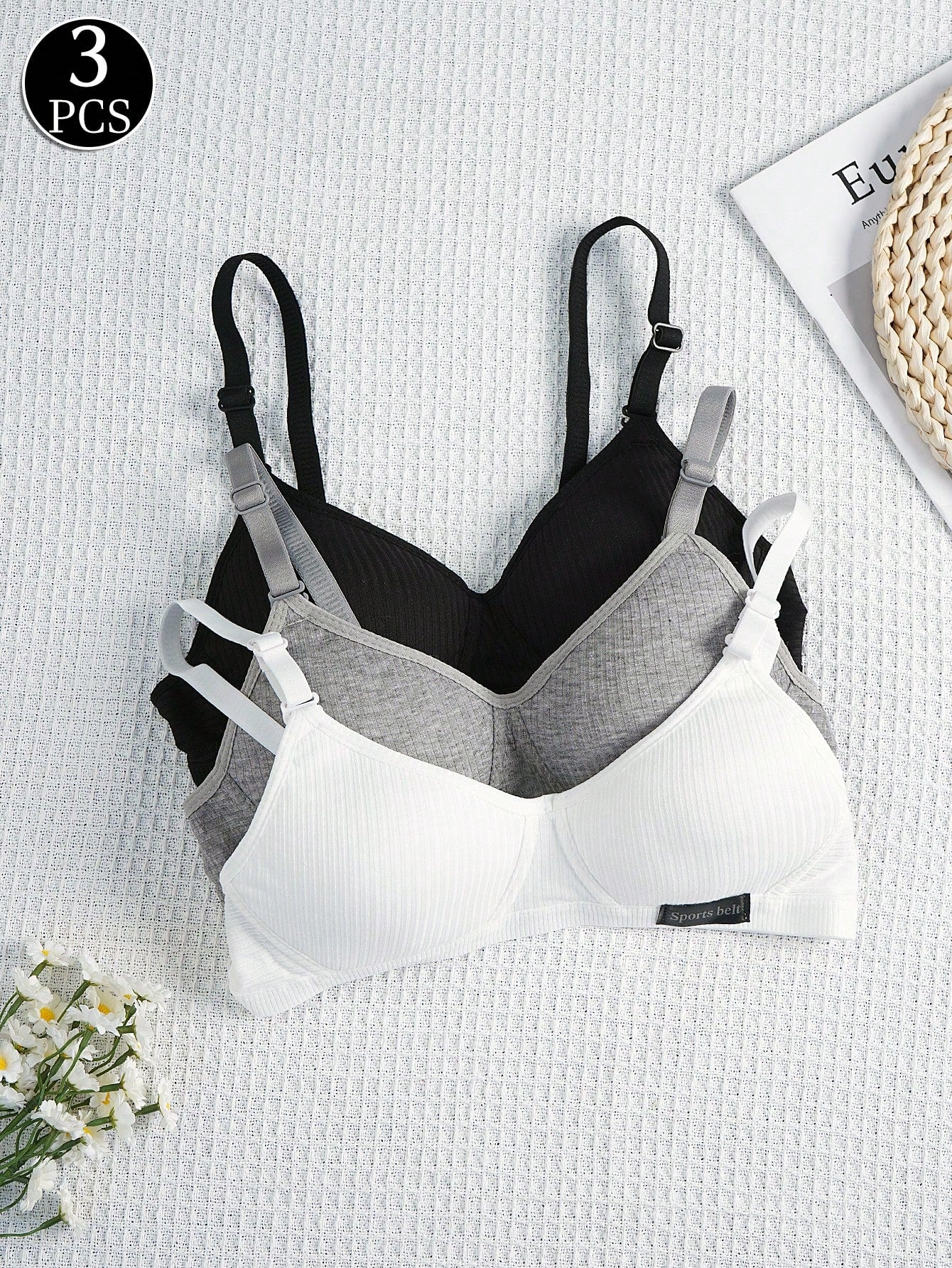Teen Girls 3pcs Set Solid Knit Wireless Sports Bra With Adjustable Straps White