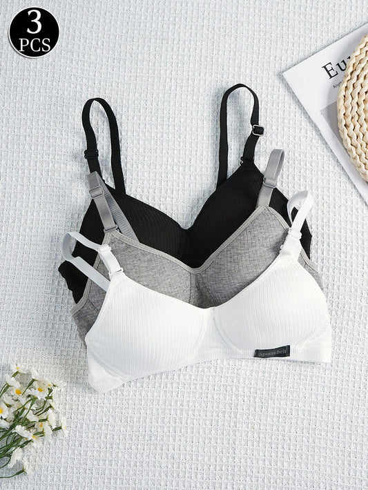 Teen Girls 3pcs Set Solid Knit Wireless Sports Bra With Adjustable Straps White