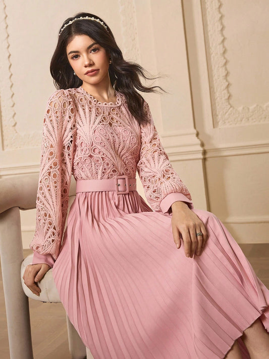 Teen Girls' Round Neck Long Sleeve Lace Patchwork Pleated Elegant Party Dress Pink