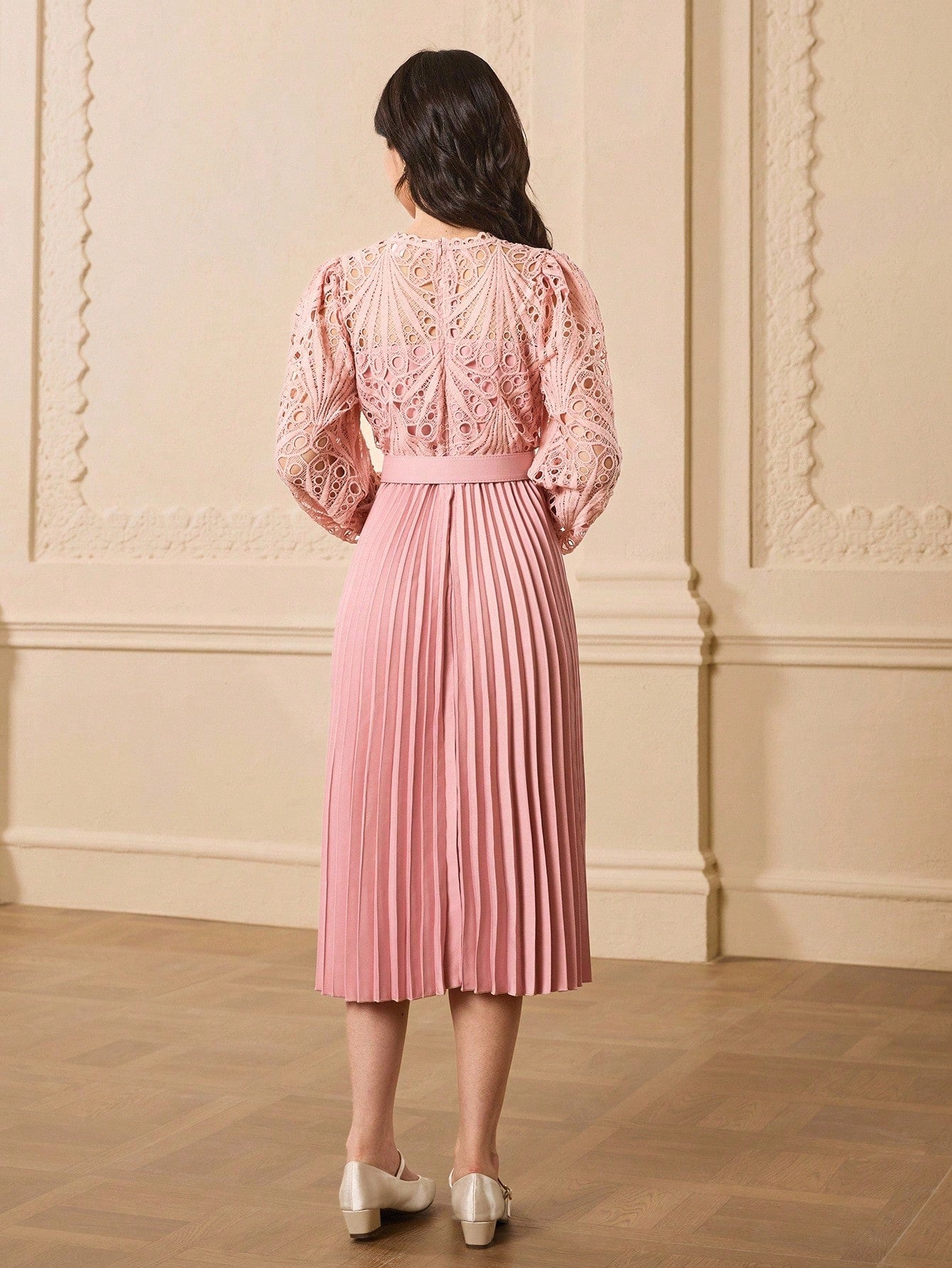 Teen Girls' Round Neck Long Sleeve Lace Patchwork Pleated Elegant Party Dress