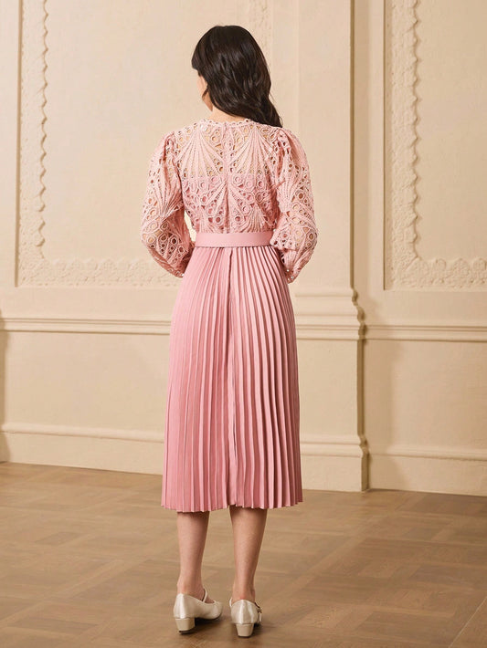 Teen Girls' Round Neck Long Sleeve Lace Patchwork Pleated Elegant Party Dress