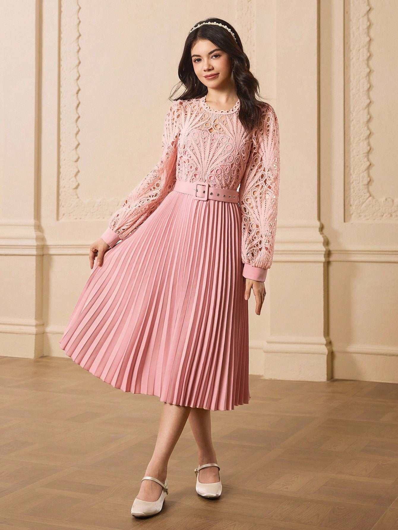 Teen Girls' Round Neck Long Sleeve Lace Patchwork Pleated Elegant Party Dress