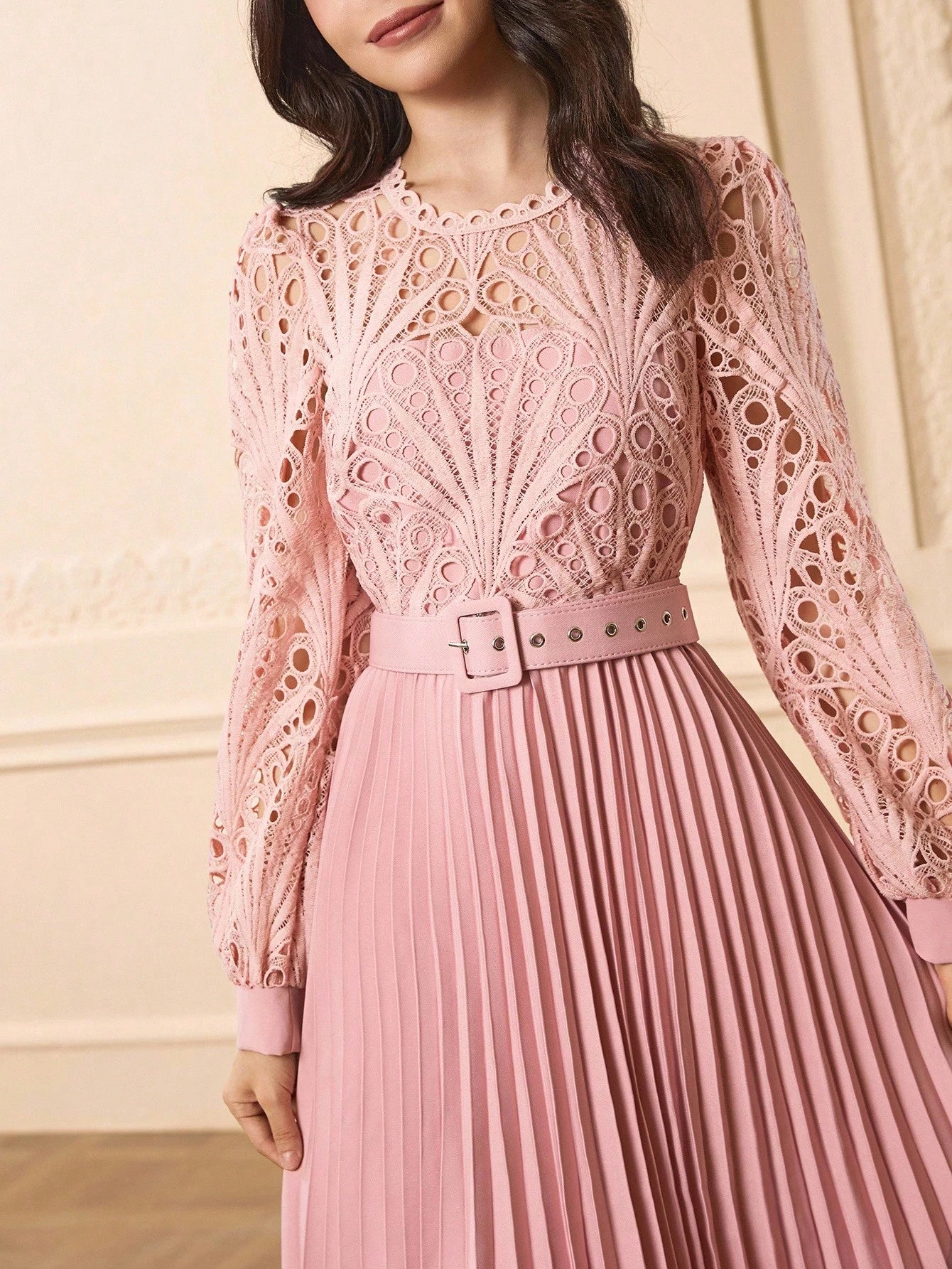 Teen Girls' Round Neck Long Sleeve Lace Patchwork Pleated Elegant Party Dress