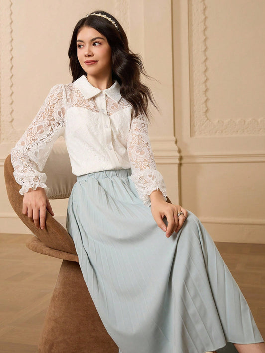 Teenage Lace Patchwork Collared Long Sleeve Shirt + Waist Pleated Elegant Skirt White