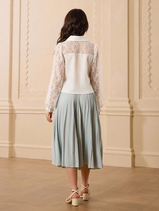 Teenage Lace Patchwork Collared Long Sleeve Shirt + Waist Pleated Elegant Skirt