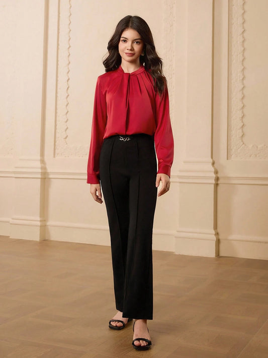 Teenager Long Sleeve Pleated Shirt Top + High Waist Solid Color Flared Pants