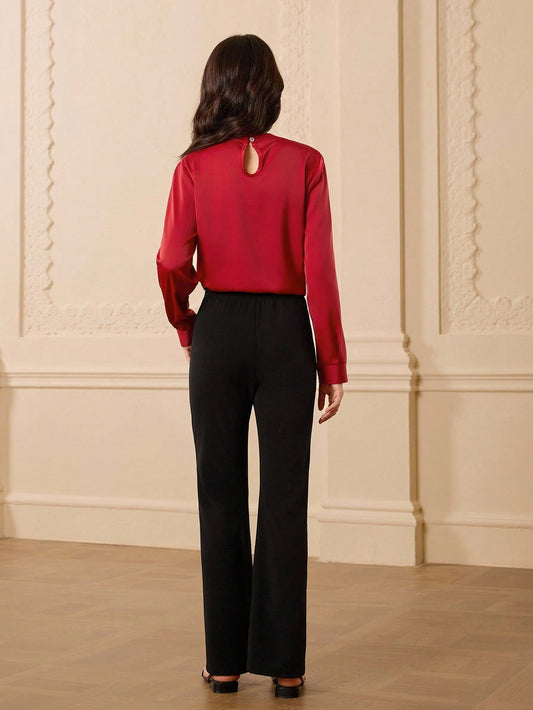 Teenager Long Sleeve Pleated Shirt Top + High Waist Solid Color Flared Pants