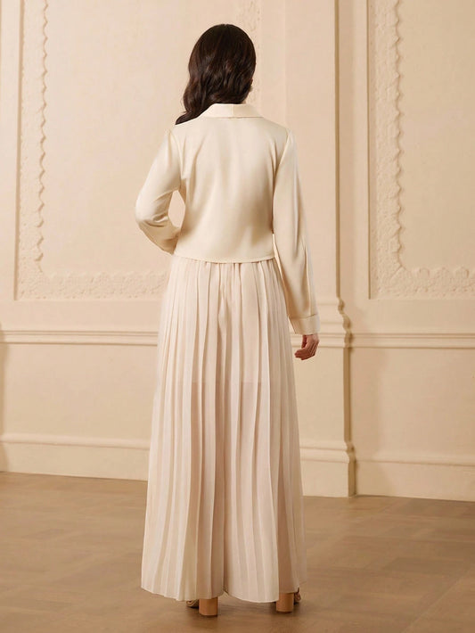 Teenager Solid Color Turndown Collar Long Sleeve Shirt Top + Pleated Waist Pants
