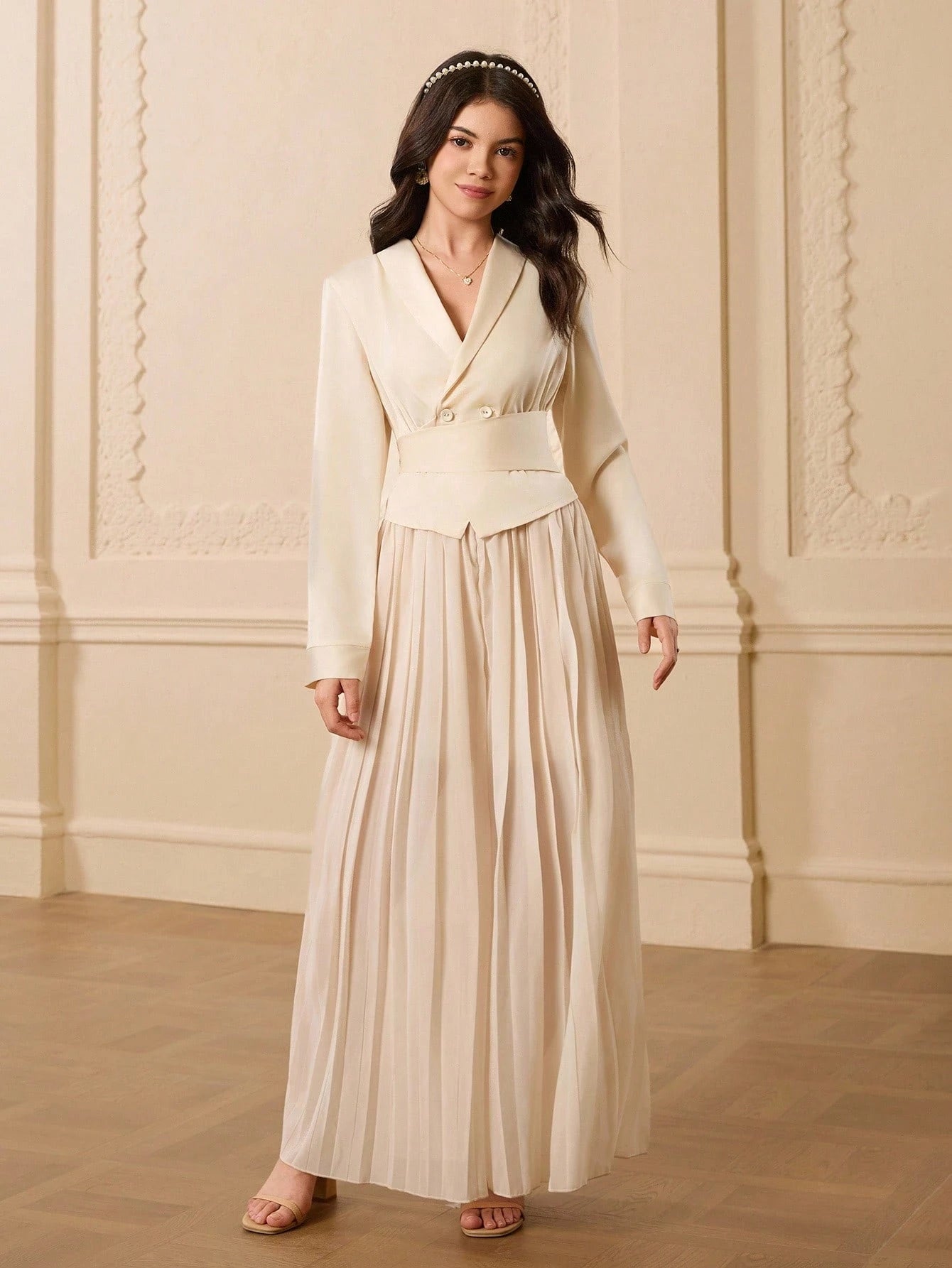 Teenager Solid Color Turndown Collar Long Sleeve Shirt Top + Pleated Waist Pants