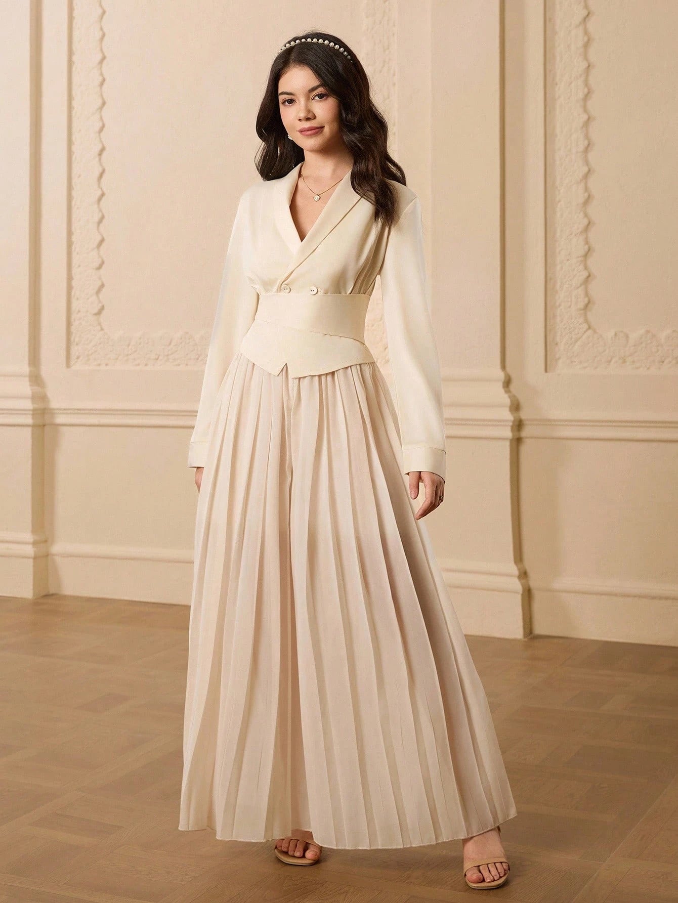 Teenager Solid Color Turndown Collar Long Sleeve Shirt Top + Pleated Waist Pants