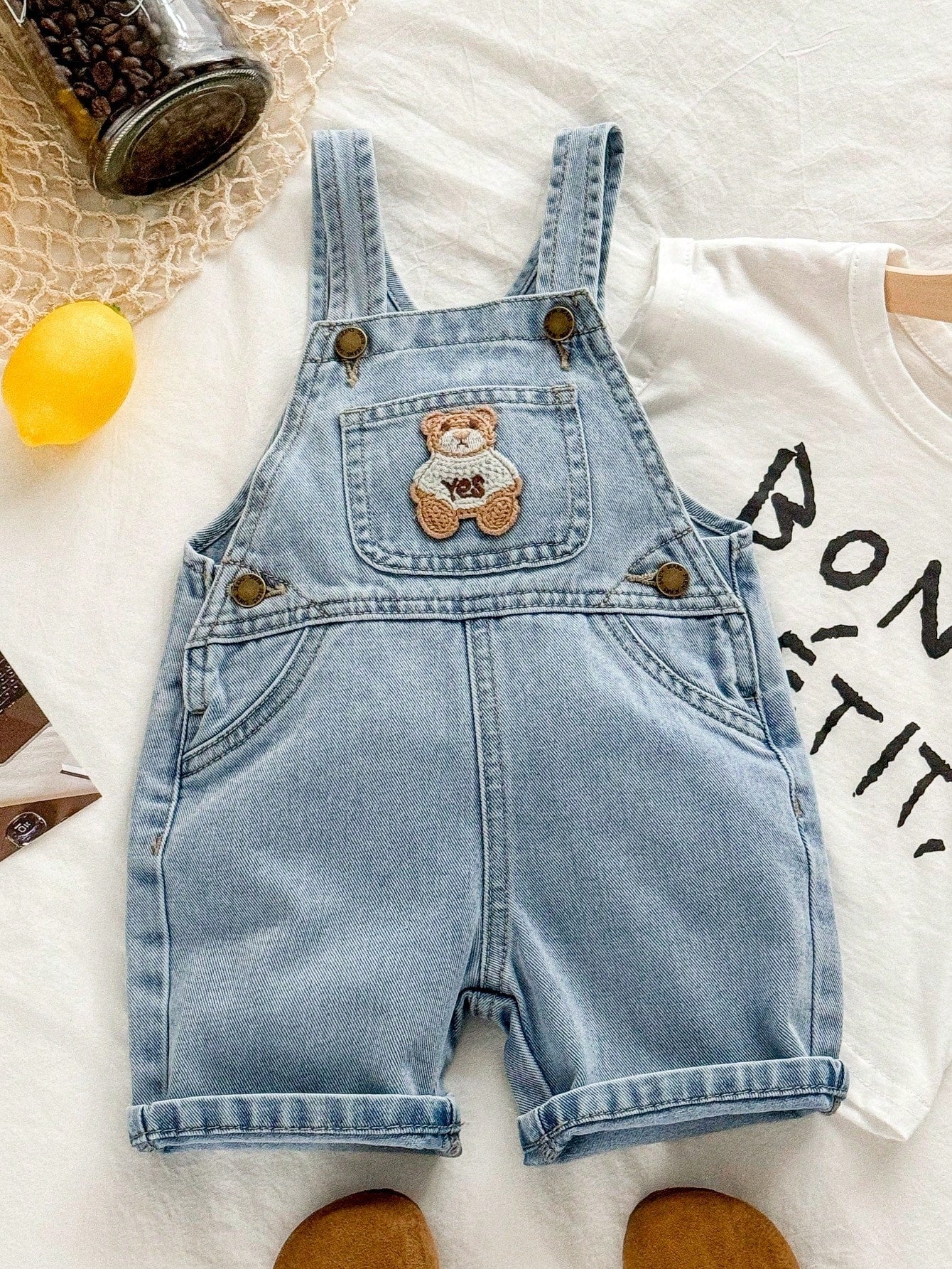Toddler Boys' Bear Graphic Denim Bib Shorts