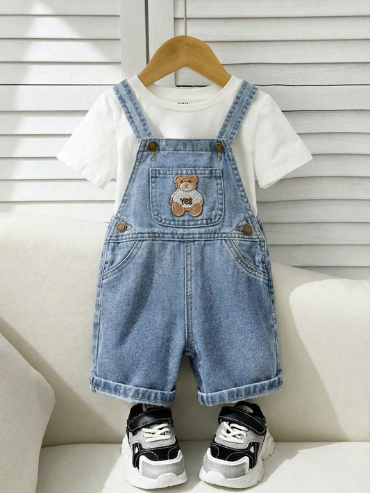 Toddler Boys' Bear Graphic Denim Bib Shorts