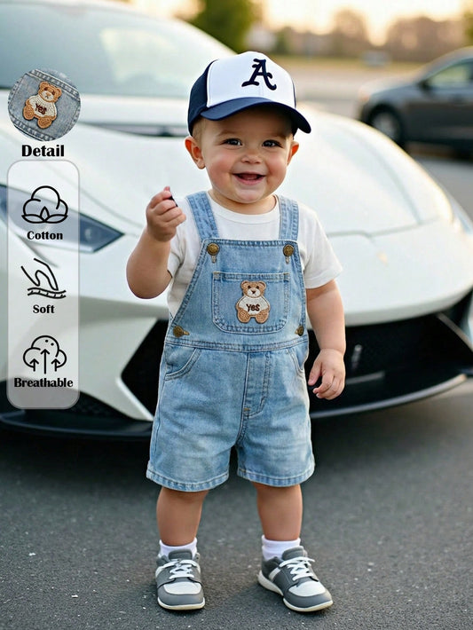Toddler Boys' Bear Graphic Denim Bib Shorts