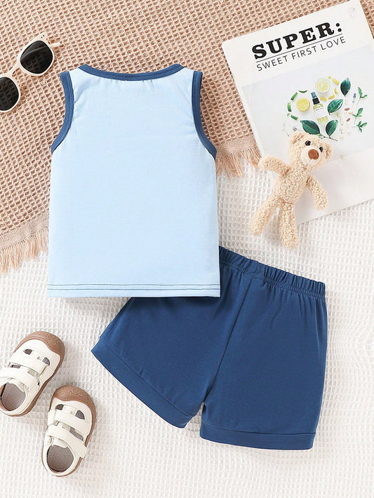 Sleeveless Color Block T-Shirt And Shorts Set