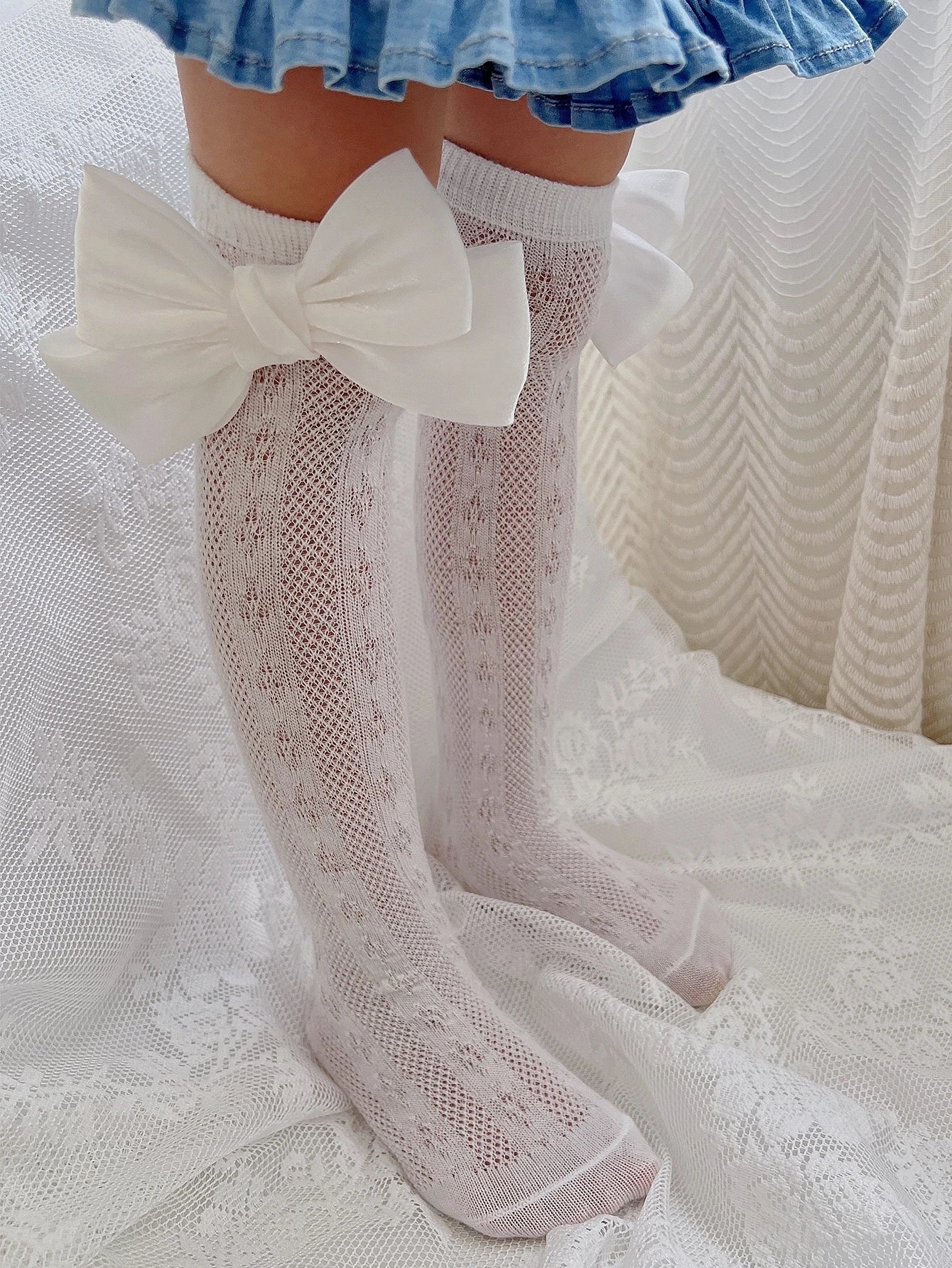 Toddler Girls Bow Decor Over The Knee Socks White