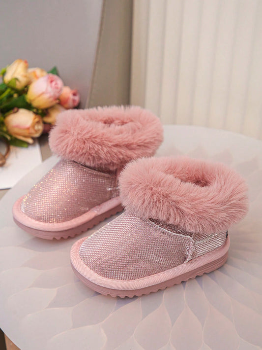 Fashionable Sequin & Faux Fur Collar Solid Color Simple Outdoor Snow Boots Pink