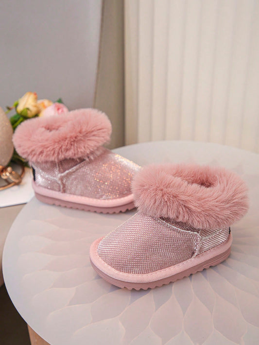 Fashionable Sequin & Faux Fur Collar Solid Color Simple Outdoor Snow Boots