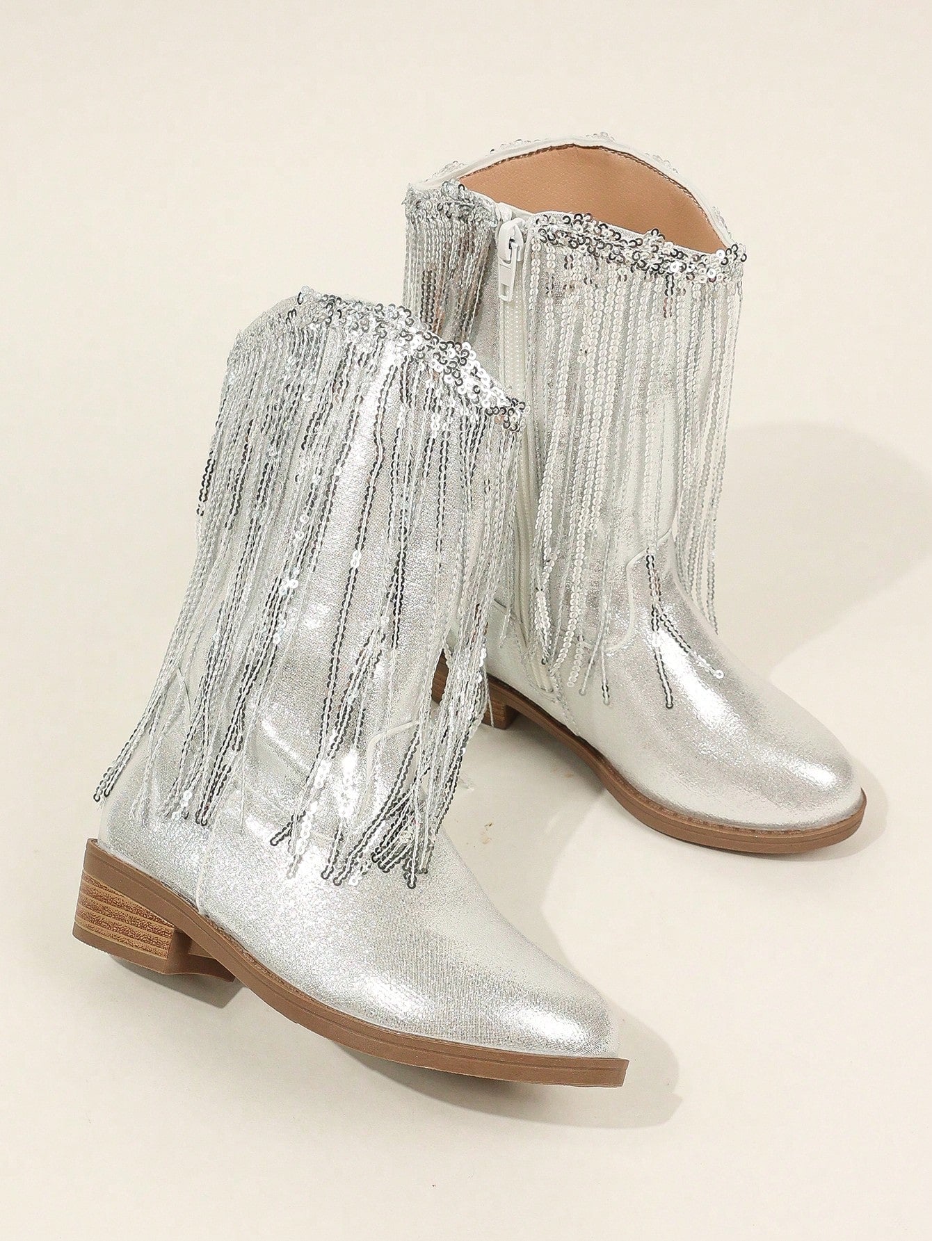 Silver Metallic Fringe With Bead Decor, Zipper Mid-Calf Party Shoes