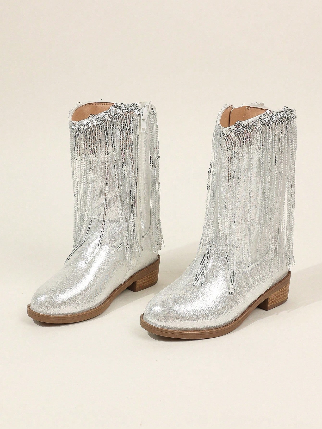 Silver Metallic Fringe With Bead Decor, Zipper Mid-Calf Party Shoes