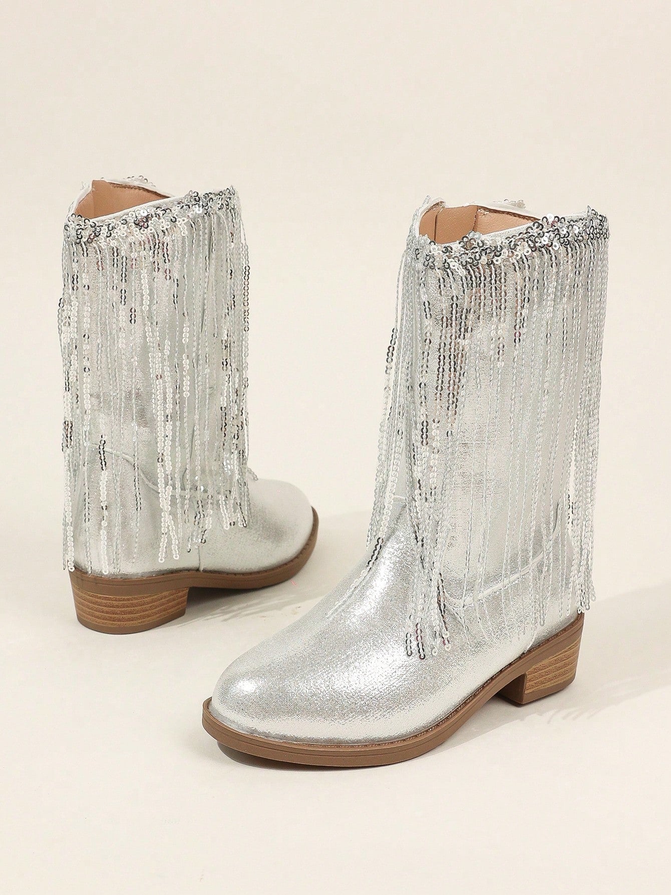 Silver Metallic Fringe With Bead Decor, Zipper Mid-Calf Party Shoes