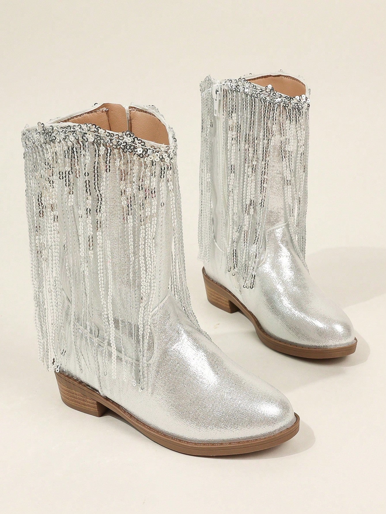 Silver Metallic Fringe With Bead Decor, Zipper Mid-Calf Party Shoes