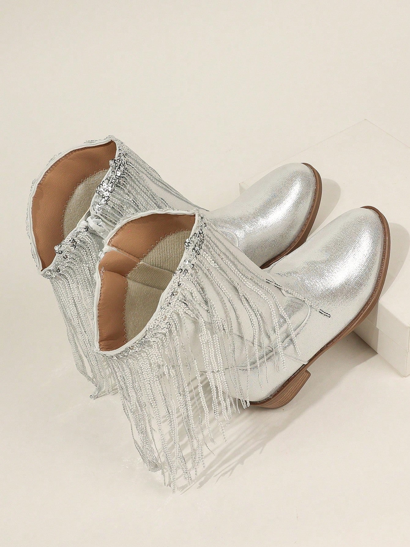 Silver Metallic Fringe With Bead Decor, Zipper Mid-Calf Party Shoes