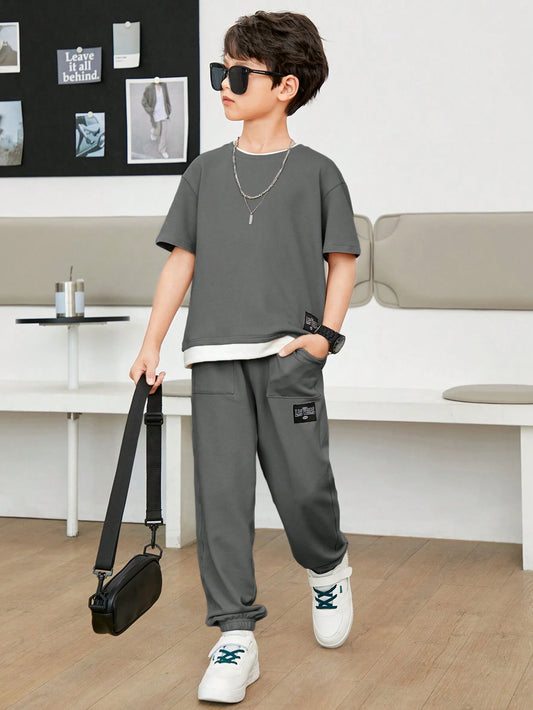 Tween Boy Letter Graphic 2 In 1 Tee & Sweatpants Grey