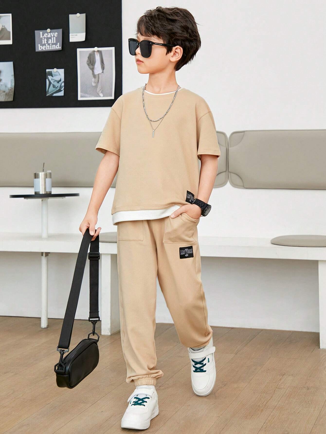 Tween Boy Letter Graphic 2 In 1 Tee & Sweatpants Khaki