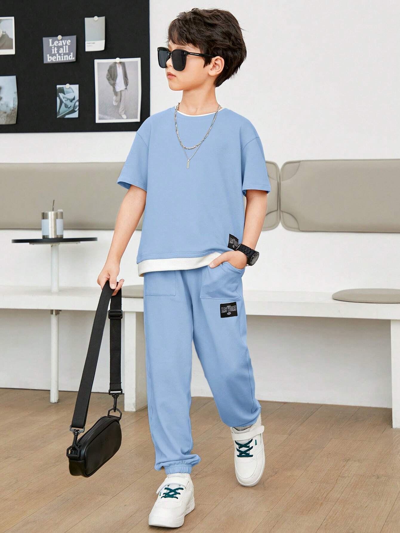 Tween Boy Letter Graphic 2 In 1 Tee & Sweatpants Baby Blue