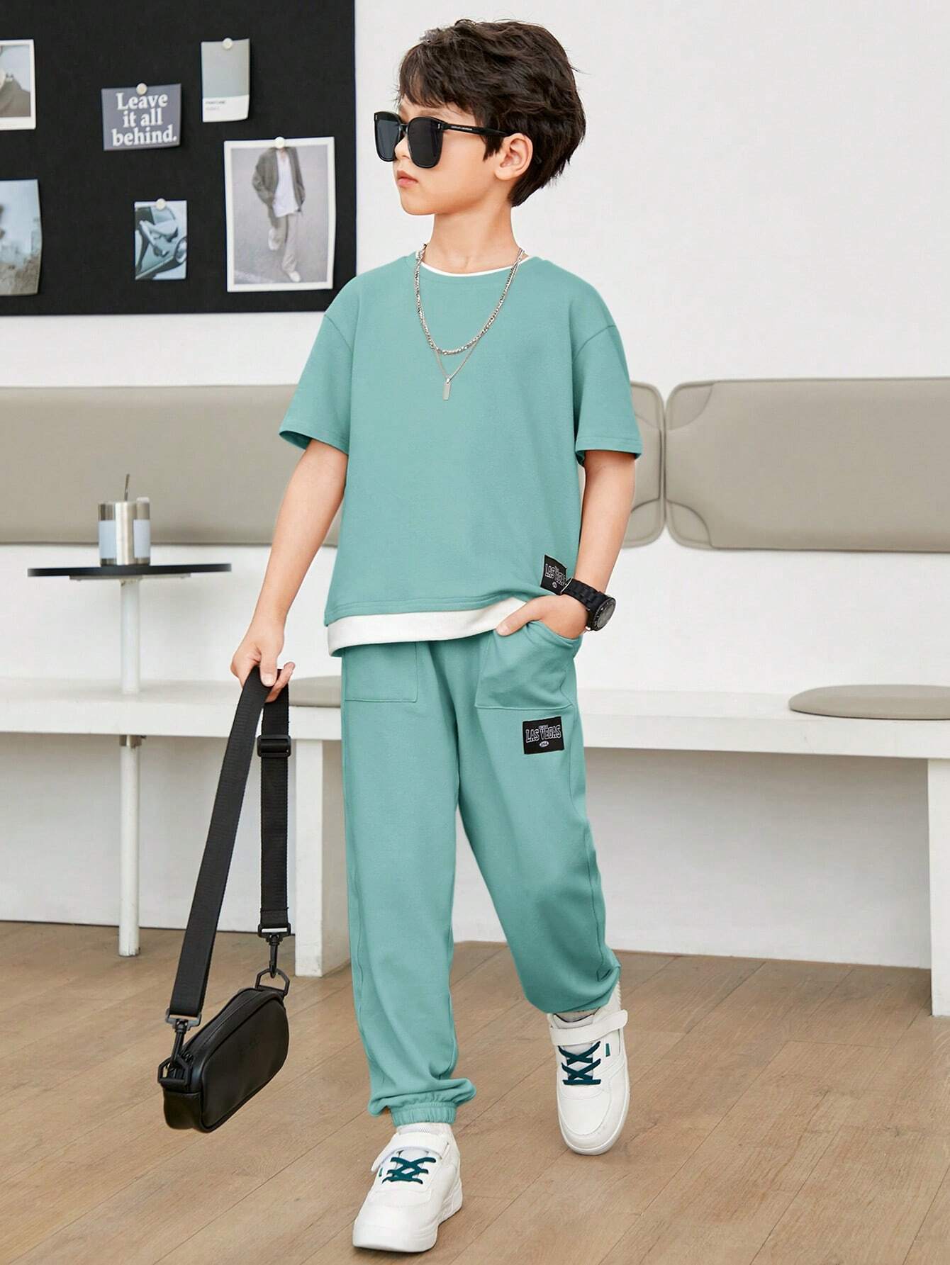 Tween Boy Letter Graphic 2 In 1 Tee & Sweatpants Cadet Blue