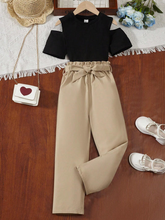 Tween Girl Cold Shoulder Tee & Paperbag Waist Belted Pants