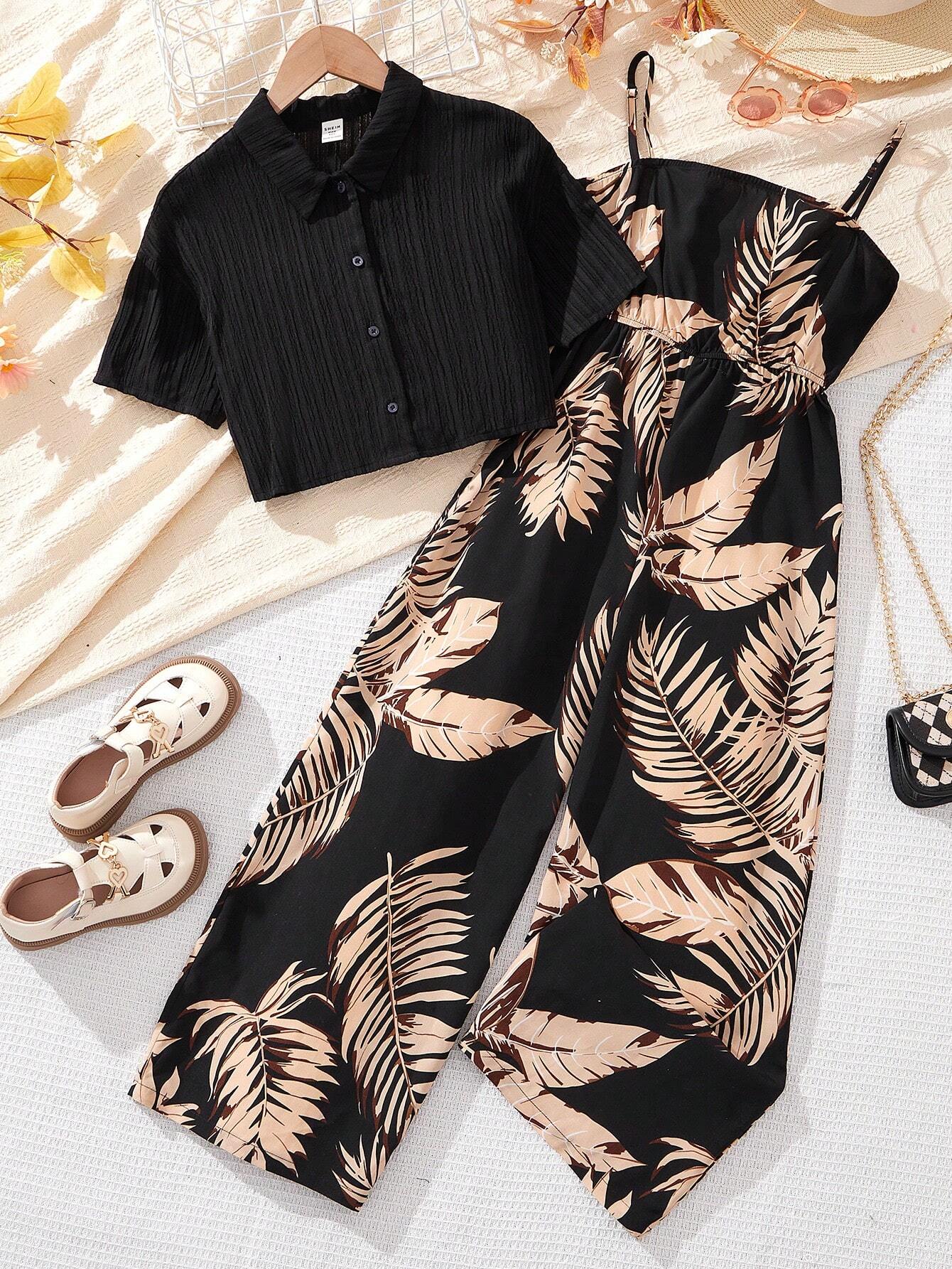 Tween Girls' Solid Textured Shirt And Leaf Patterned Cami Jumpsuit, Elegant Vacation Two Piece Outfit Black