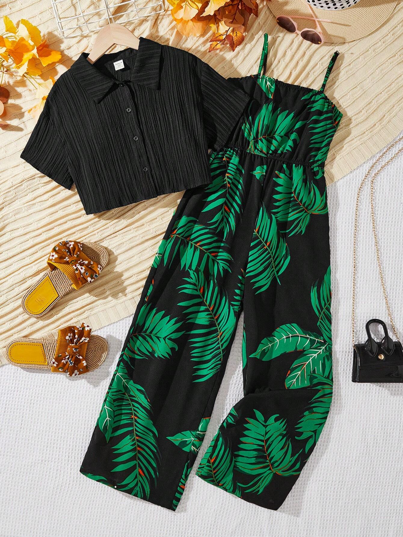 Tween Girls' Solid Textured Shirt And Leaf Patterned Cami Jumpsuit, Elegant Vacation Two Piece Outfit Dark Green