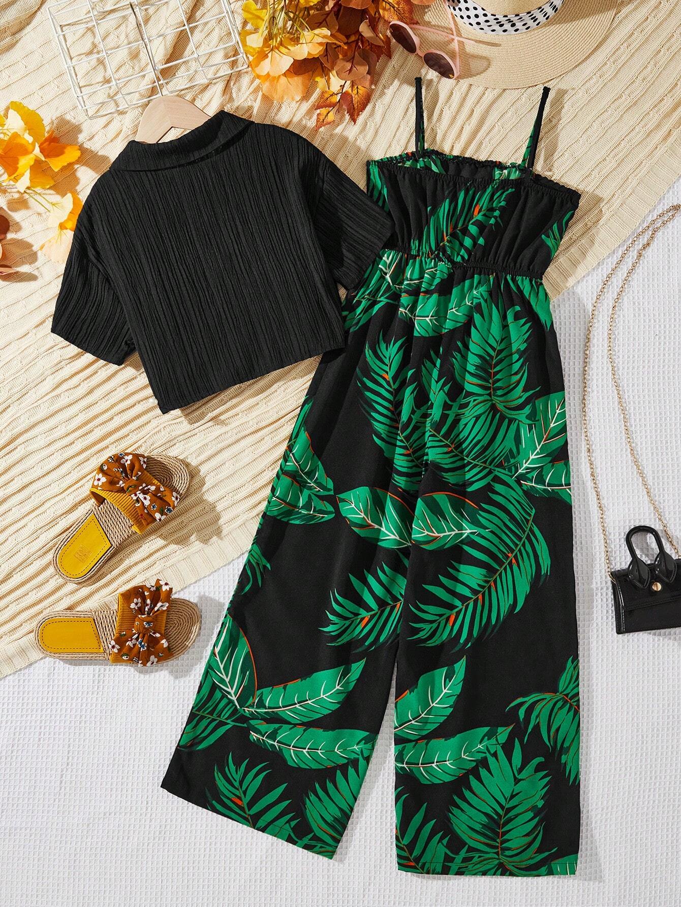 Tween Girls' Solid Textured Shirt And Leaf Patterned Cami Jumpsuit, Elegant Vacation Two Piece Outfit