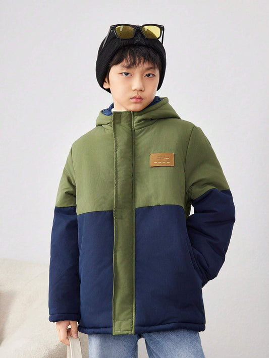 Tween Boys' Casual Color Block Padded Zip Up Hooded Winter Thick Quilted Coat
