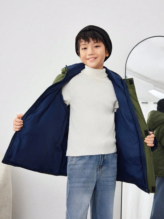 Tween Boys' Casual Color Block Padded Zip Up Hooded Winter Thick Quilted Coat
