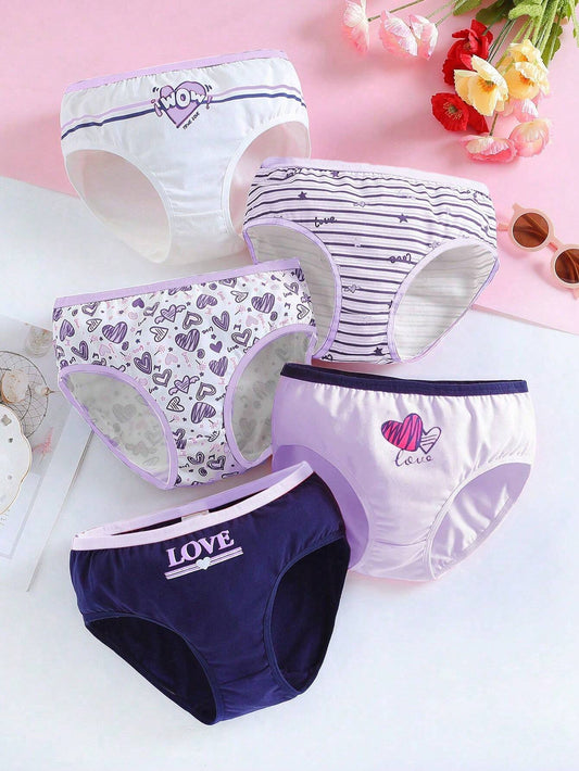 Tween Girl 5pcs Striped & Heart Print Contrast Binding Brief 13-14Y