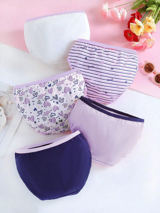 Tween Girl 5pcs Striped & Heart Print Contrast Binding Brief